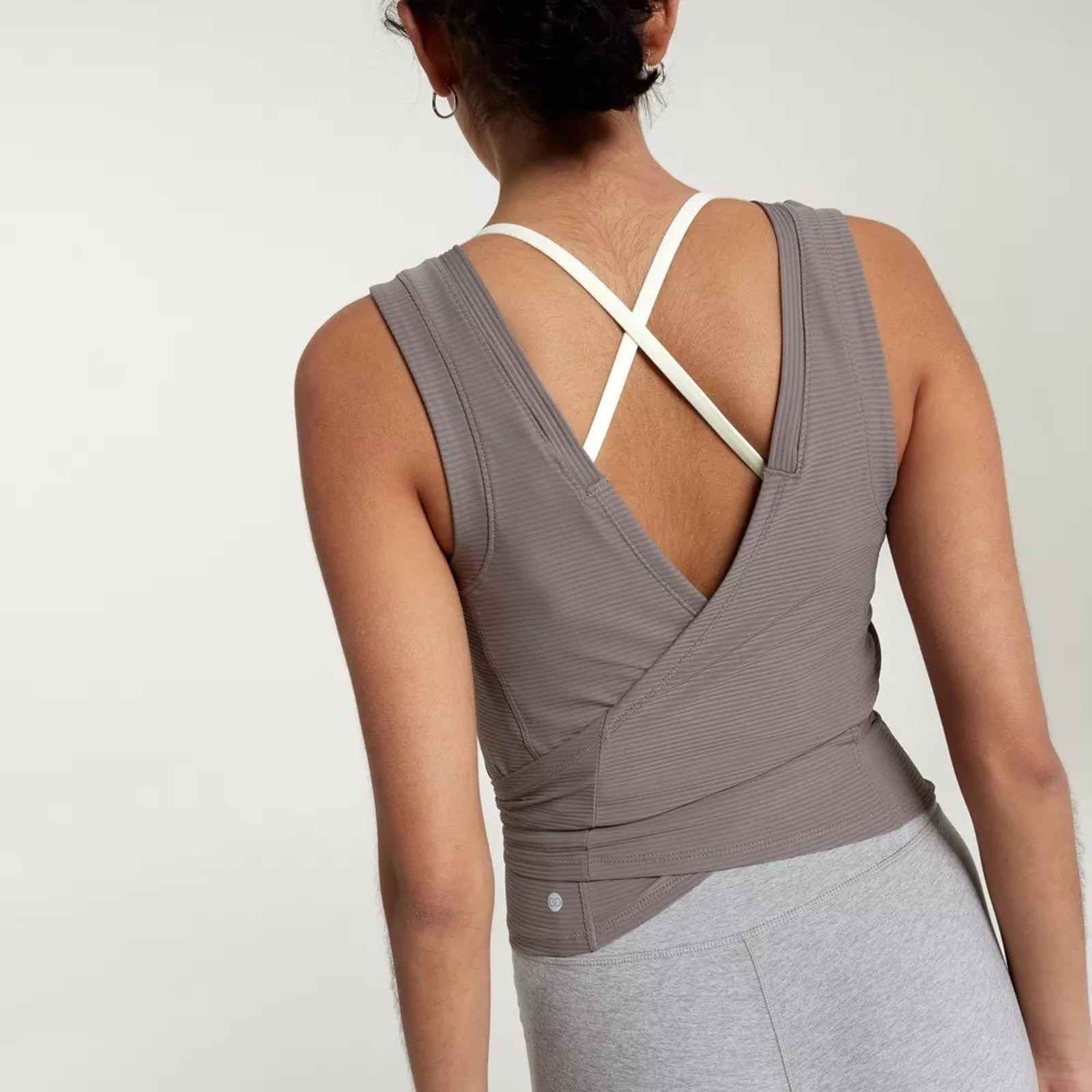 Calia Tank Top Tie Waist Wrap Xs Taupe Ribbed Sleeveless Open Back Athleisure
